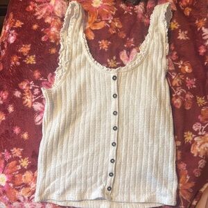 White Lace Trim Button-Down Top